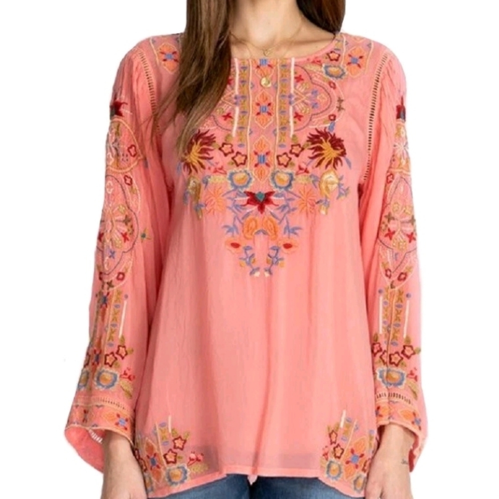 🌸🌼Johnny Was Coral Floral Embroidered Tunic